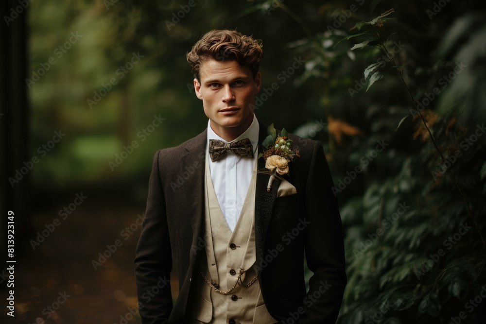 Sophisticated Solo groom in gray suit. Stylish male on wedding photoshoot session. Generate ai Sophisticated Solo groom in gray suit. Stylish male on wedding photoshoot session. Generate ai