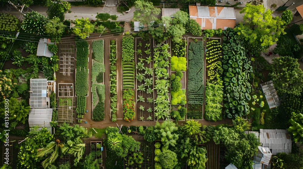 Fototapeta premium Aerial View of Community Garden in City Park with Thriving Vegetable Plots