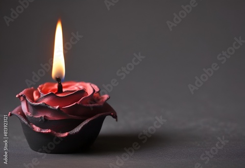 black red burning rose shaped candle on dark gray background for obituary notice, funeral announcement, necrology