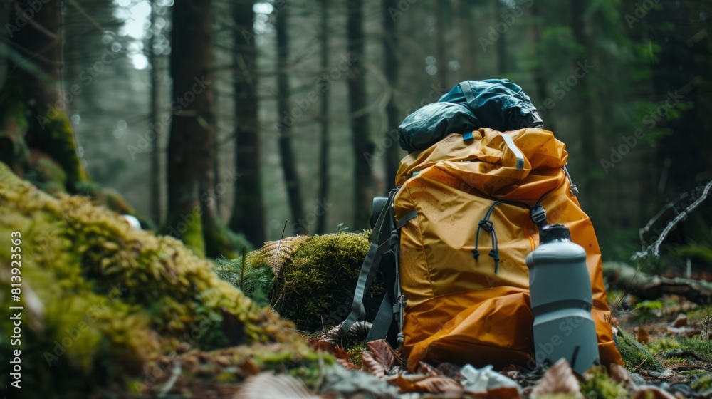 A backpack is placed on the ground in the center of a dense forest surrounded by trees and foliage. A backpack is placed on the ground in the center of a dense forest surrounded by trees and foliage.