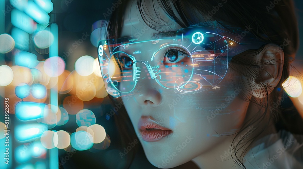 close-up view of a young woman wearing advanced smart glasses, highlighting the integration of cutting-edge technology with daily life close-up view of a young woman wearing advanced smart glasses, highlighting the integration of cutting-edge technology with daily life