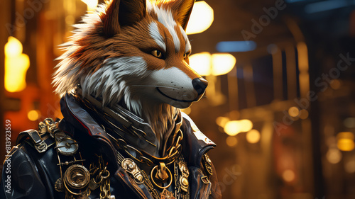 Visualize a suave fox in a leather bomber jacket, adorned with silver studs and a chain necklace. photo