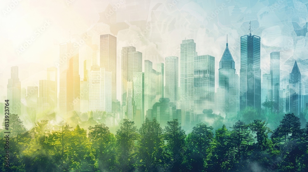 A city skyline with a green forest in the background