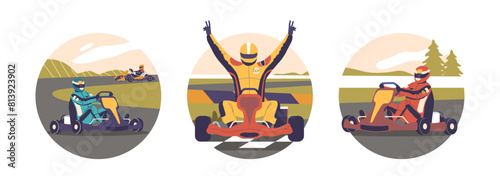 Three Round Icons Of Drivers In Go-karts Racing Across Varied Landscapes. One Driver Celebrates A Win Exuberantly