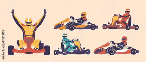 Kart Racing Vector Set With Multiple Racers In Various Positions. One Driver Celebrates A Victory With Raised Arms
