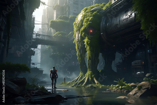 A giant robot covered in moss with eyes that just light up photo