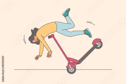 Careless woman falls from scooter and risks injury due to violations safety rules and lack of helmet