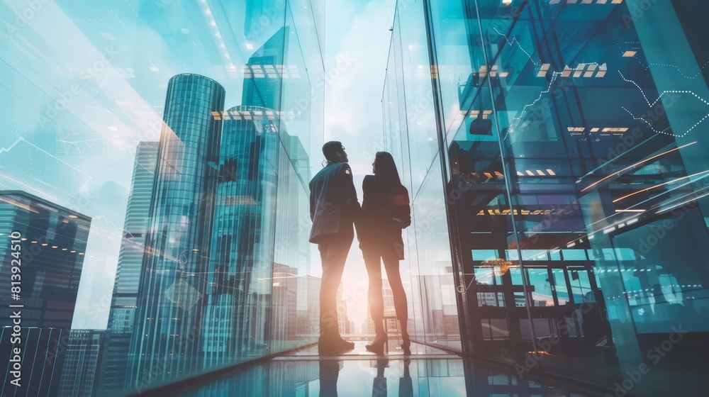 Business couple standing together in a modern cityscape with digital financial graphics overlay.