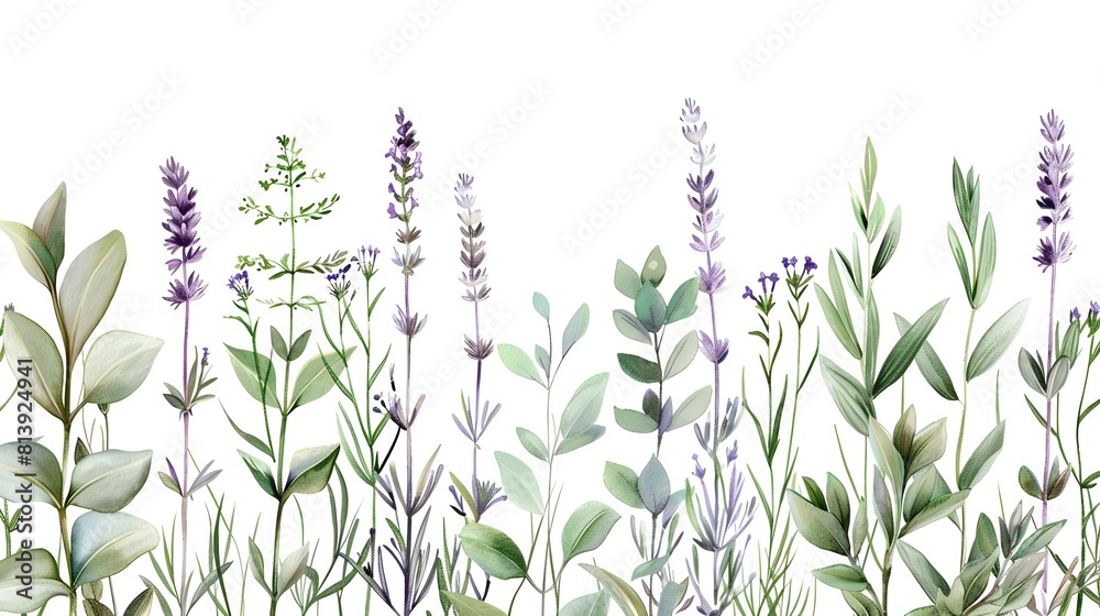 Elegant Botanical of Lush Lavender and Leaves on White Background
