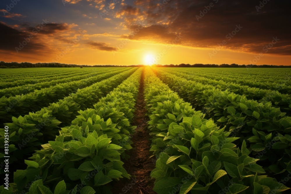 Naklejka premium Sunny Soy beans farm field. Water natural. Generate Ai