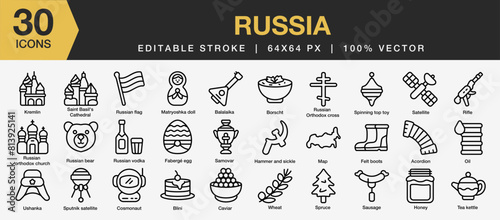 Set of 30 Russia icon set. Editable Stroke Icon Collection. Includes kremlin, balalaika, map, spruce, ushanka and More. Outline icons vector collection.