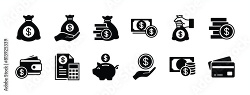 Money, budget, savings, loan, cash, earning, income, wallet, currency, dollar, card, coin, revenue, piggy bank, and profit icon set. Finance business icon collection