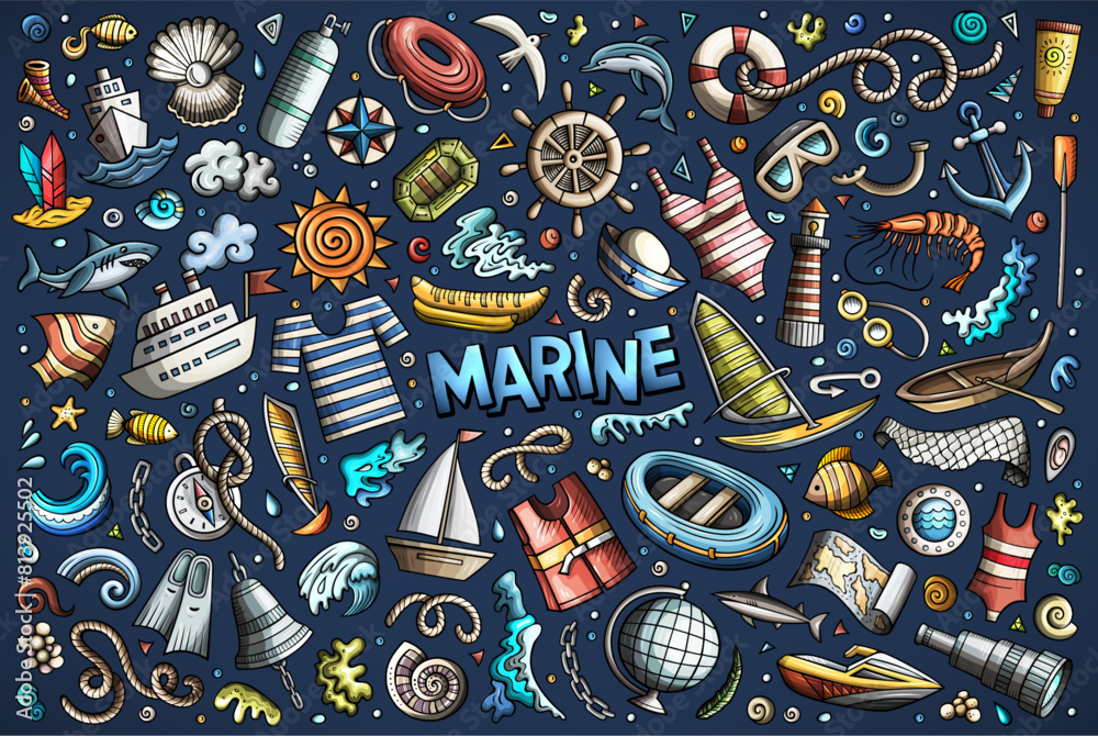 Vector doodle cartoon set of Marine theme items, objects and symbols