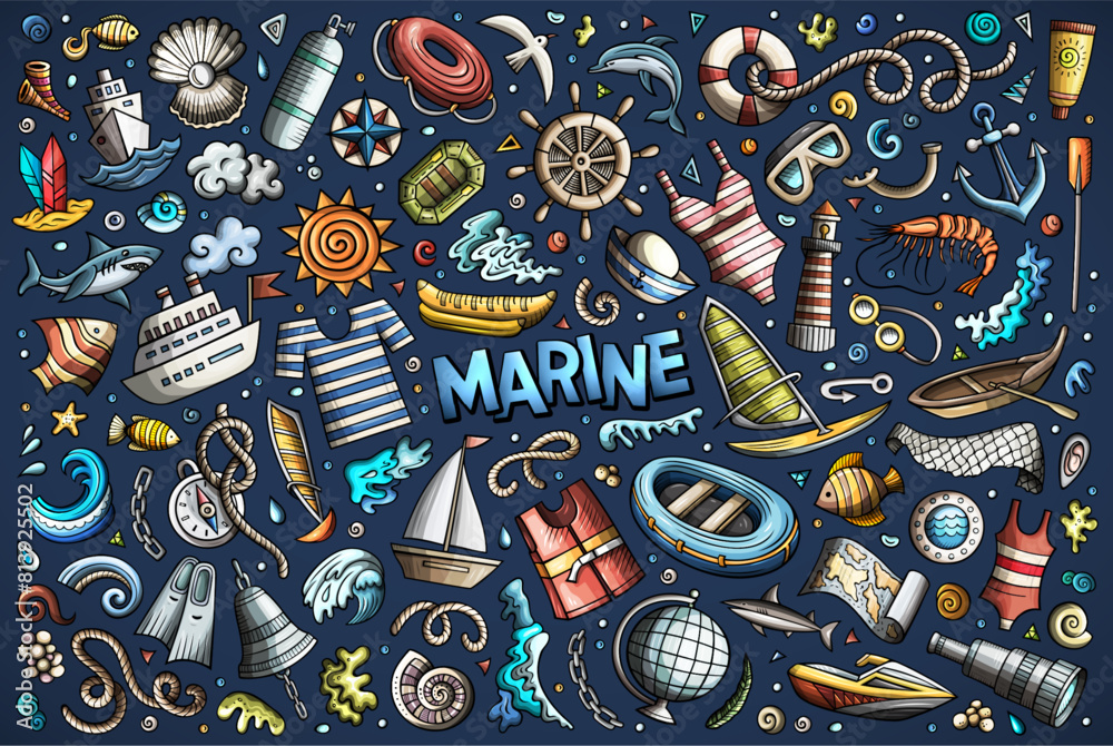 Naklejka premium Vector doodle cartoon set of Marine theme items, objects and symbols