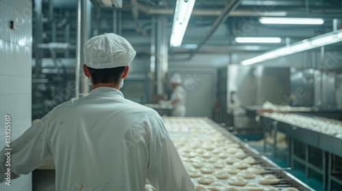 He wears a white sanitary hat and work robe and stands with his back to the camera at a dumpling factory.