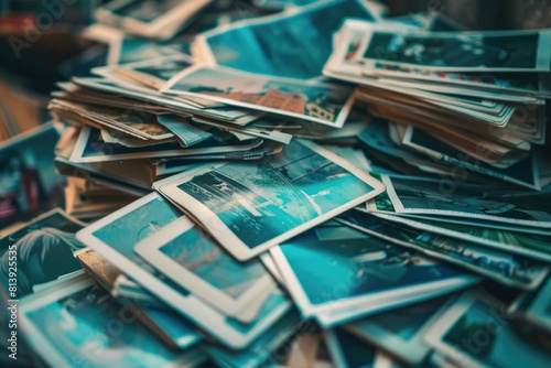 A pile of old photos on a table, perfect for nostalgic projects photo