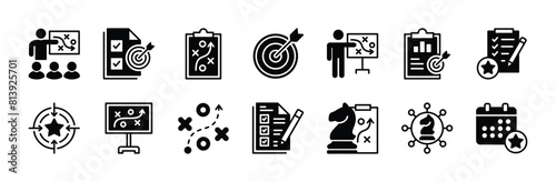 Action plan icon set. Containing planning, strategy, goal, target, schedule, analysis, objective, tasks, connection, collaboration, implementation, step, presentation, teamwork. Vector illustration