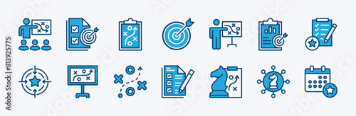 Set of action plan icon. Containing planning, strategy, goal, target, schedule, analysis, objective, tasks, connection, collaboration, implementation, step, presentation, teamwork. Vector illustration