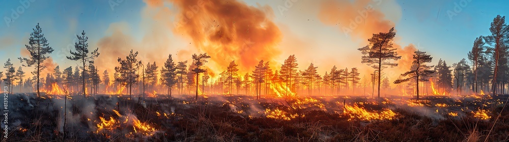 Fototapeta premium A forest fire in the Scandinavian pine forests at dawn, flames and smoke create an atmospheric scene. The sky is blue with orange hues from the burning trees. A panoramic view of the landscape showing