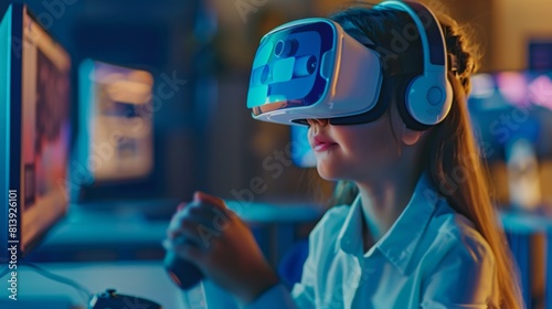 Cute Elementary School Girl Learns Lessons in Virtual Reality Wearing Augmented Reality Headset and Using Controllers Interested in Knowledge and Excited to Wear Augmented Reality Headset.