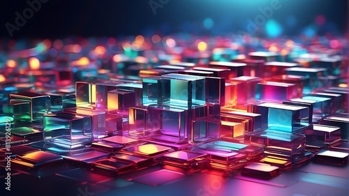 Glass squares with neon holographic gradient and multicolored light emitters make up this abstract 3D background wallpaper. Create a graphic component for the cover or banner header poster. photo