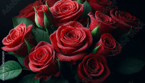 A cluster of fresh red roses  each covered with dew drops. The roses are tightly packed  filling the frame