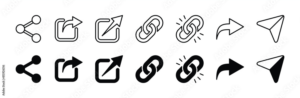 Link button thin line icon set. Containing share, web, webpage, website, network, url for media social or cyberspace. Vector illustration
