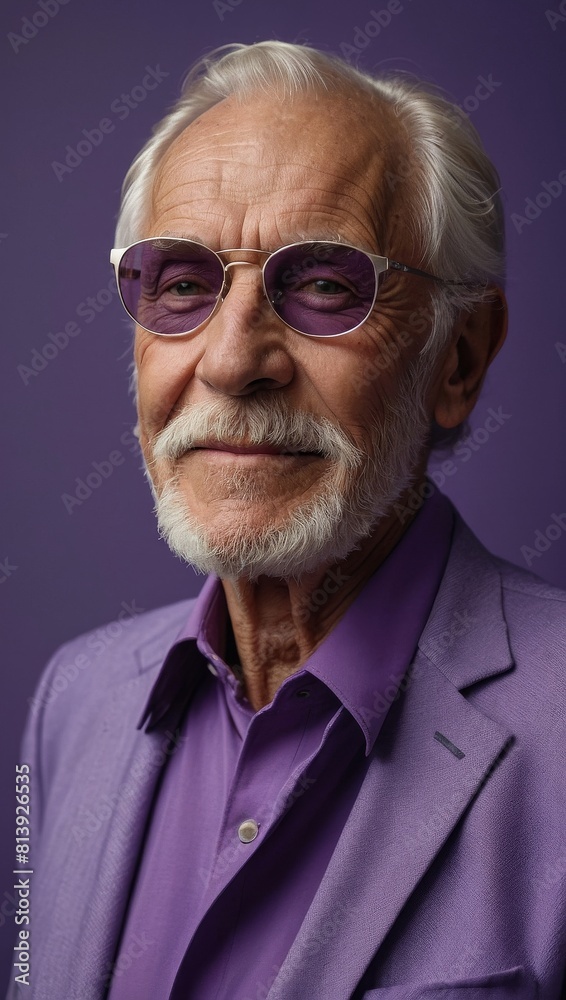Gray-haired elderly man in stylish club clothes on a violet background.