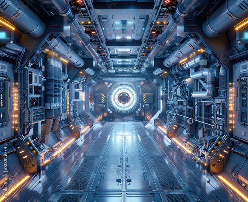 A highly detailed render of a futuristic sci-fi spaceship engine room photo