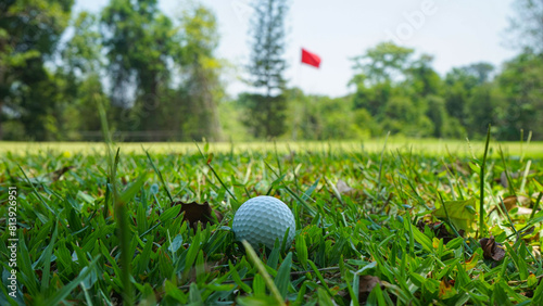 Golf ball on green grass in the evening golf course with sunshine background.