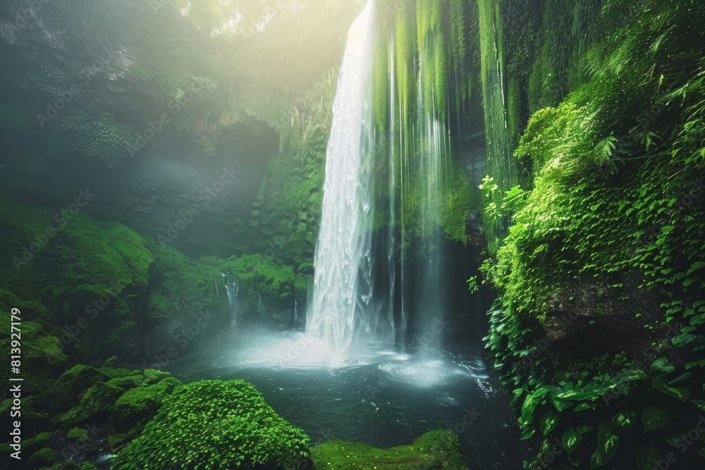 A majestic waterfall cascading down a moss-covered cliff into a crystal-clear pool below, surrounded by lush greenery and misty spray, creating a scene of natural grandeur and tranquility A majestic waterfall cascading down a moss-covered cliff into a crystal-clear pool below, surrounded by lush greenery and misty spray, creating a scene of natural grandeur and tranquility