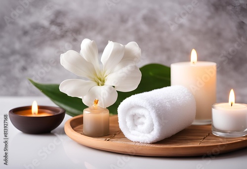 "Elevate your bathroom ambiance with our luxurious spa background, featuring white towels, candles, and bath essentials. Create a serene wellness atmosphe