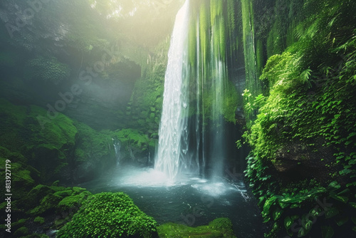 A majestic waterfall cascading down a moss-covered cliff into a crystal-clear pool below  surrounded by lush greenery and misty spray  creating a scene of natural grandeur and tranquility