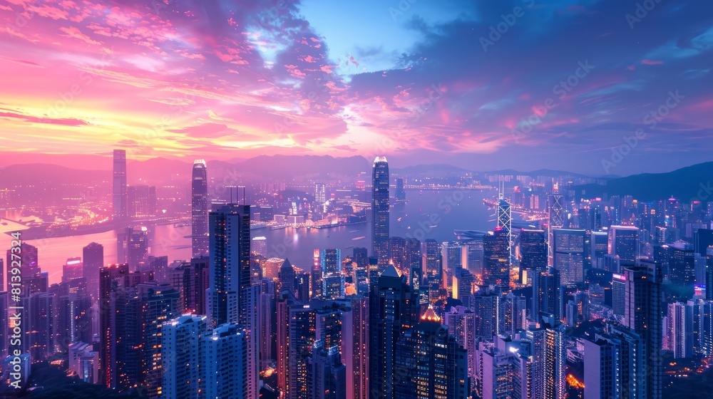 Fototapeta premium AI is featured against a backdrop of a city skyline that is aglow with the fading light of day, with holographic projections casting a futuristic vision based on data-driven insights.