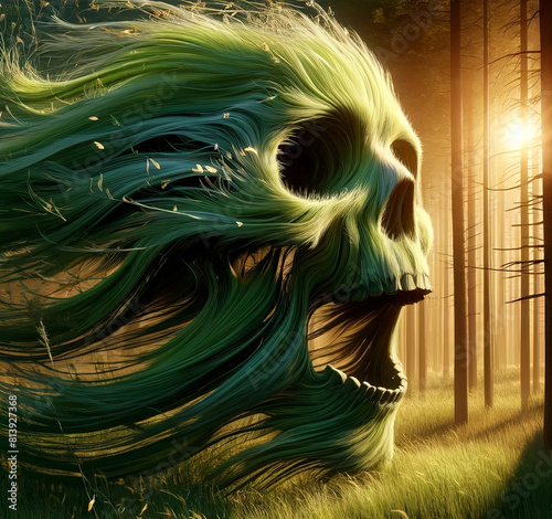 Artistic illustration of green skull with forest sunlight background. Digital art concept, death