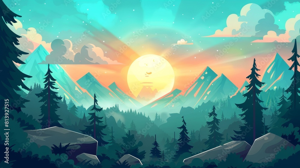 Modern cartoon illustration of summer coniferous woods with pines and rocks on the skyline at sunset or sunrise. Trees are in the forest and mountains are on the horizon.