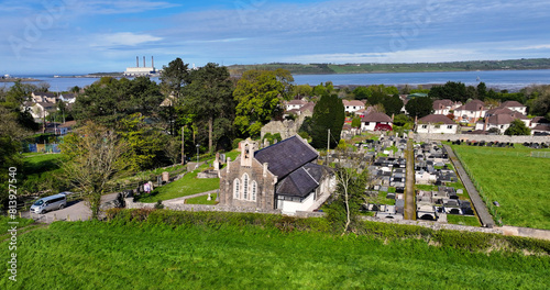 Aerial view of St John’s Church Glynn Village County Antrim Northern Ireland