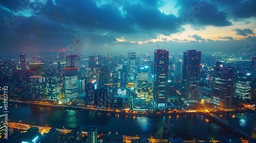 AI is featured against a backdrop of a city skyline that is aglow with the fading light of day  with holographic projections casting a futuristic vision based on data-driven insights.