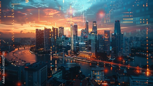 AI is featured against a backdrop of a city skyline that is aglow with the fading light of day, with holographic projections casting a futuristic vision based on data-driven insights. photo