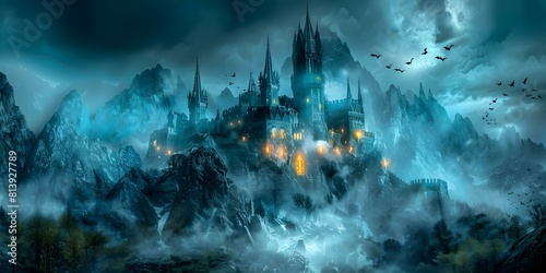 Gothic Castle on Mountains: Pointed Towers, Glowing Windows, and Flying Bats. Concept Gothic Castle, Pointed Towers, Glowing Windows, Flying Bats, Mountains © Ян Заболотний