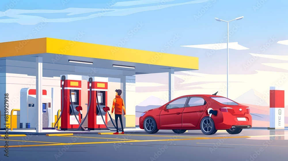 Illustrated Refueling Scene at Sunset with Modern Gas Station and Car Fueling Up Illustrated Refueling Scene at Sunset with Modern Gas Station and Car Fueling Up