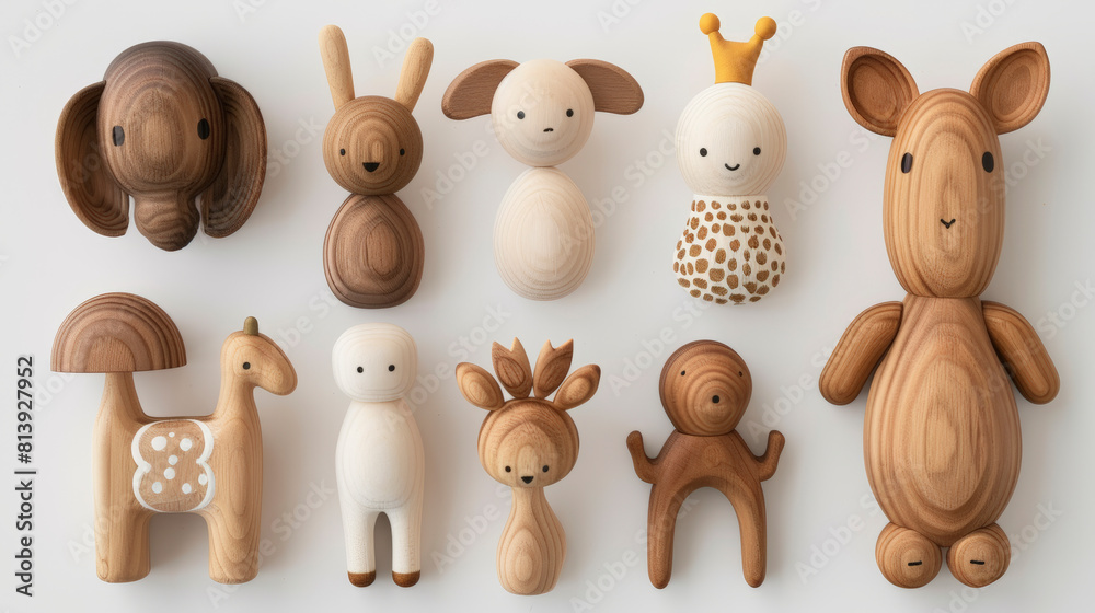 Fototapeta premium The image shows nine wooden toy animals including an elephant, rabbit, dog, giraffe, kangaroo, alpaca, bear, deer, and a monkey neatly arranged on a light background.
