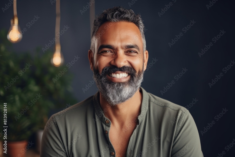Obraz premium Portrait of a smiling indian man in his 40s smiling at the camera while standing against modern minimalist interior