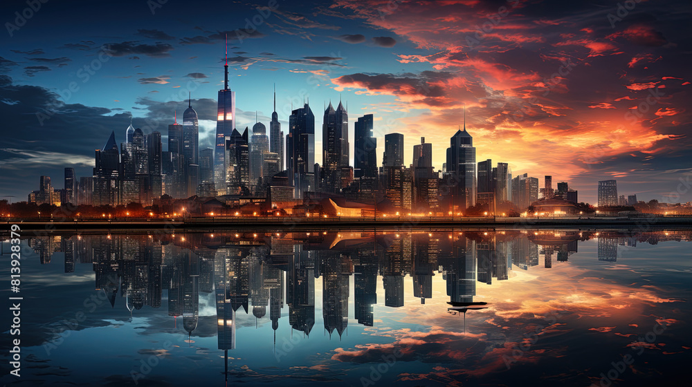 The Skyscrapers Reflect on Calm River Water and Cloudy Sky During Evening Time Cityscape Background