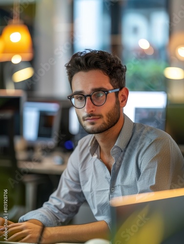Determined TwentySomething Businessman Working Diligently in a Modern Office photo