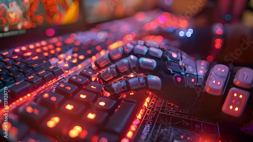 Detailed view of a computer keyboard with illuminated red lights on the keys. photo