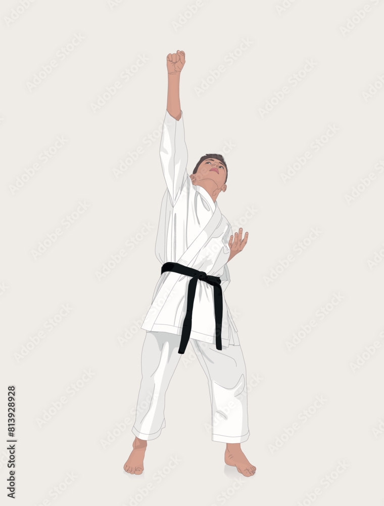 Young karateka raised his hand up symbolizing victory in the competition. Courage and sport concept. Vector cartoon isolated character Young karateka raised his hand up symbolizing victory in the competition. Courage and sport concept. Vector cartoon isolated character