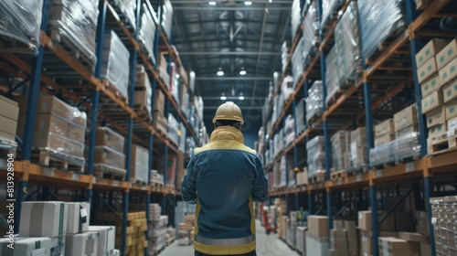 Working in Logistics, Distribution Center, Professional Worker Wearing Hard Hat Checks Stock and Inventory with Digital Tablet Computer in the Retail Warehouse Full of Shelves With Goods.
