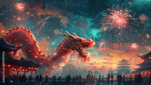 Design an illustration depicting Chinese New Year festivities with vibrant decorations dragon dances fireworks and family reunions marking the beginning of the lunar calendar's new year. photo