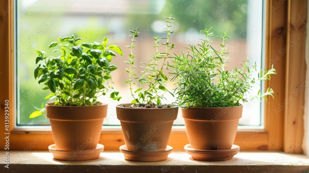 Three green potted plants arranged neatly on a window sill indoors. Three green potted plants arranged neatly on a window sill indoors.